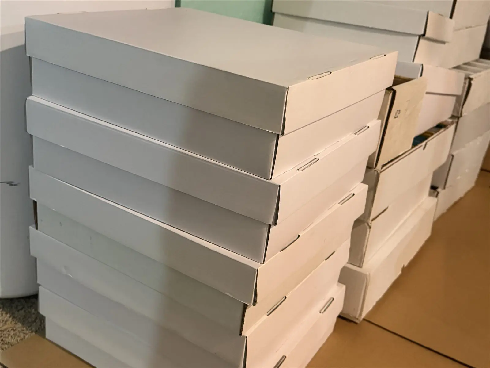 Stacks of white storage boxes holding sorted Pokemon cards